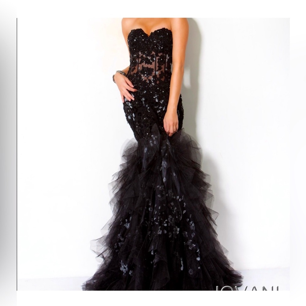 Jovani Black Strapless Lace Gown